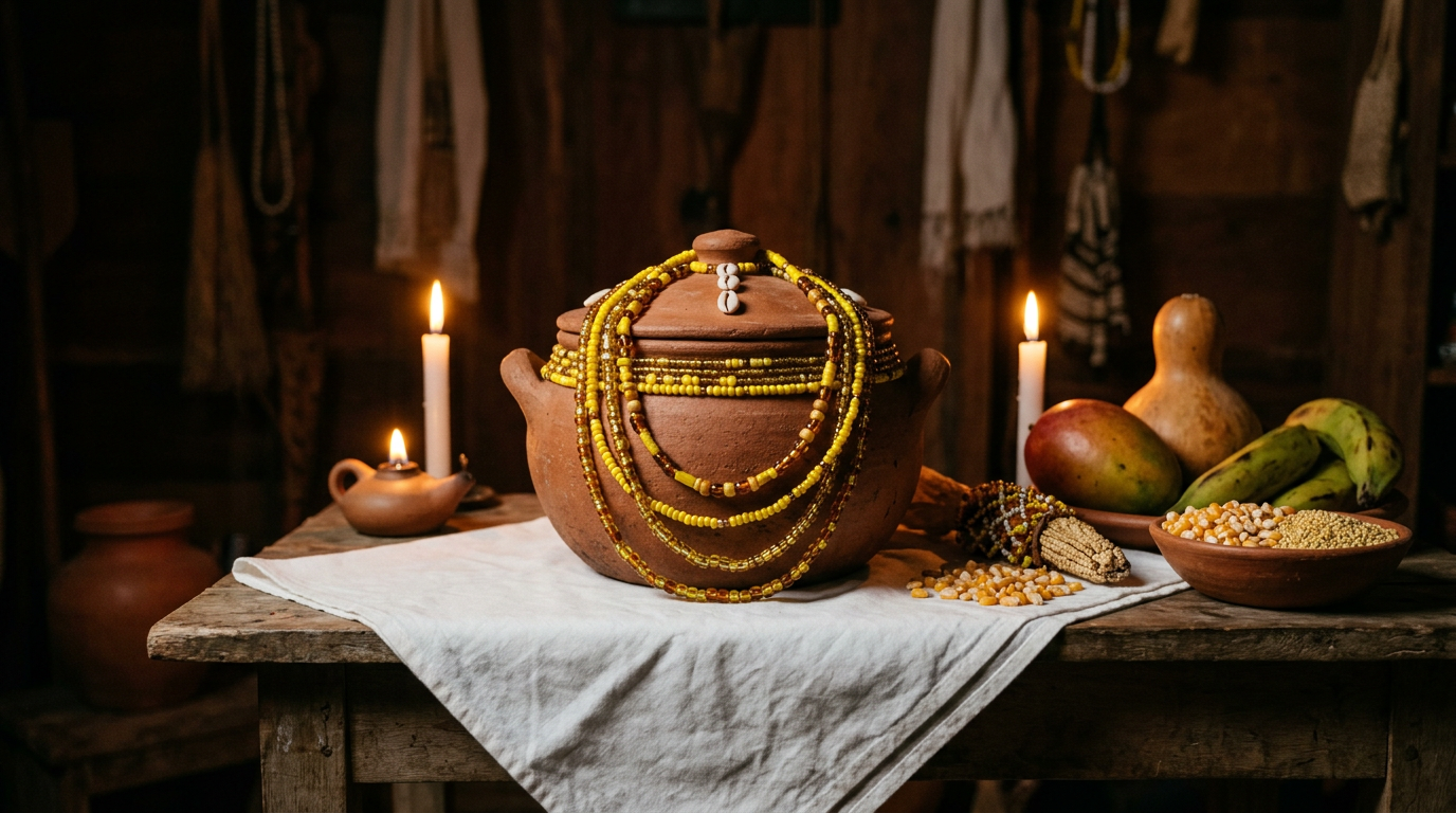 Terracotta sopera vessel with beaded necklaces and fruit offerings on a white altar cloth.