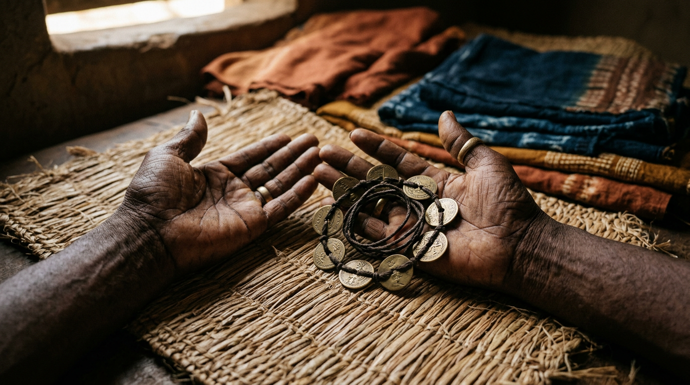Babaláwo's open hands holding a coiled Opele divining chain on a woven raffia mat.