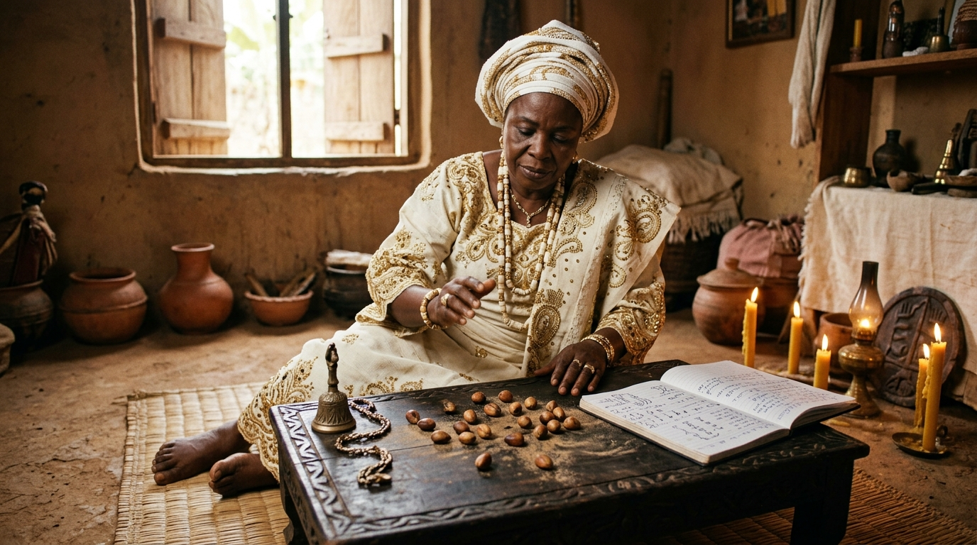 Iyanifá in white and gold seated at a divination table with ikin palm nuts and a verse notebook.