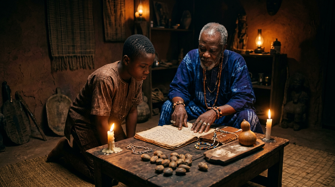 Apprentice and senior priest studying handwritten Ifá verses by candlelight with ikin nuts on the table.