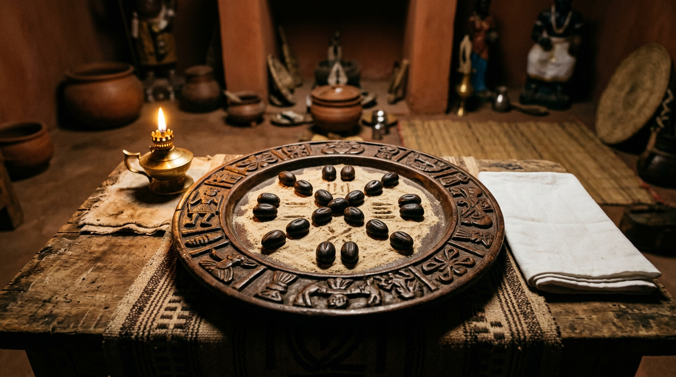 Sixteen ikin palm nuts arranged in ritual pattern on an Opon Ifá tray with iyerosun powder markings.