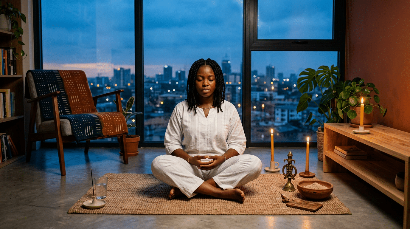 A practitioner in white seated near a shelf with a brass ritual object and iyerosun powder, city skyline at dusk beyond the window.