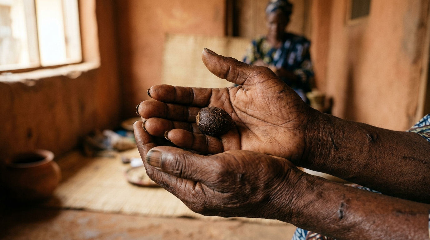 Weathered elder hands cupping a single ikin palm nut in warm natural light.