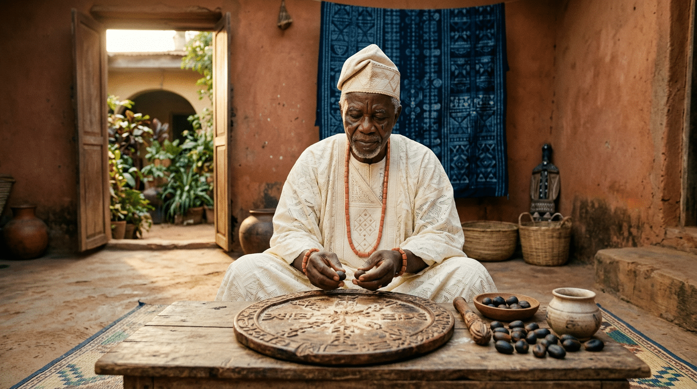 An elder in white agbada seated before an Opon Ifá tray with iyerosun powder markings and ikin palm nuts.