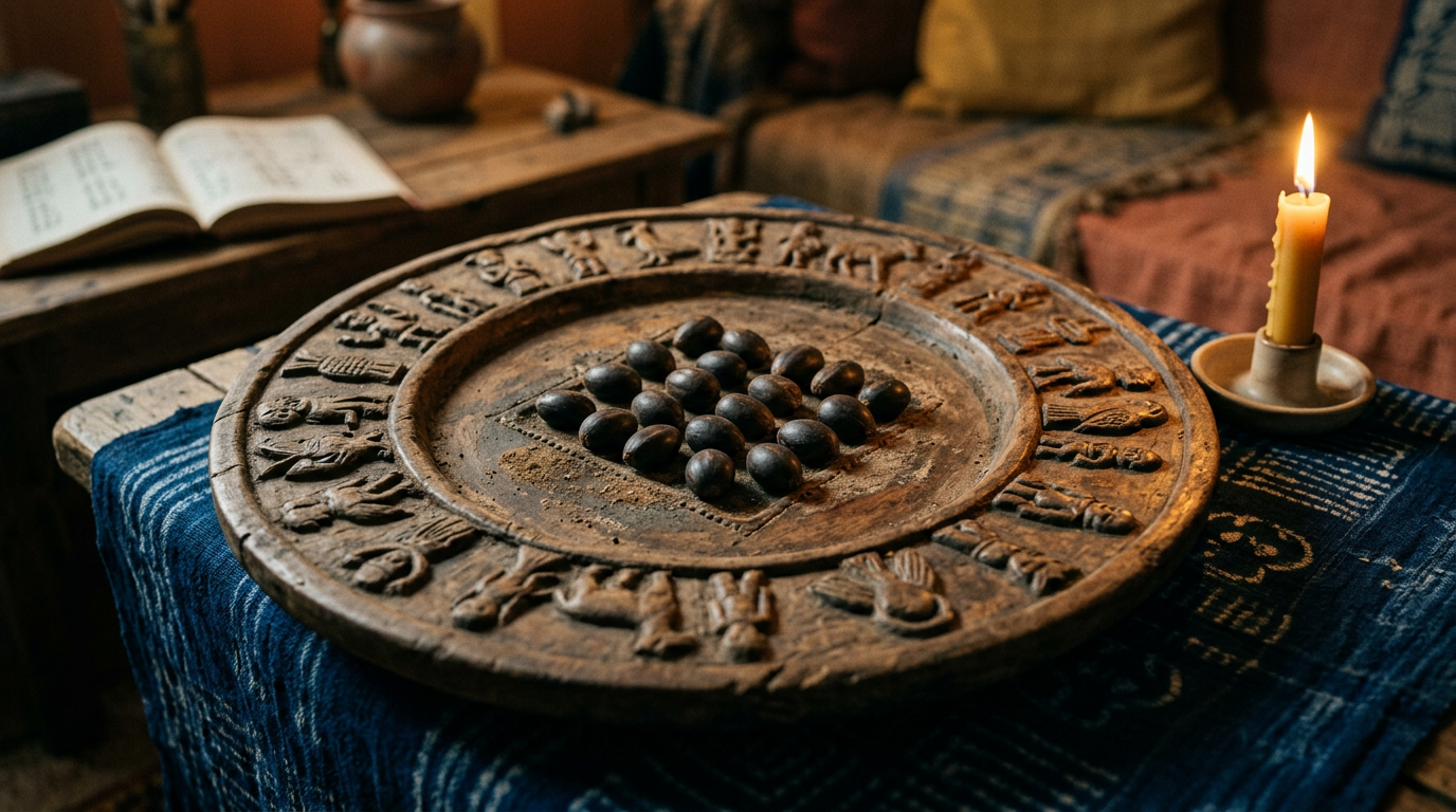 Opon Ifá divination tray with ikin palm nuts on indigo cloth, lit by warm candlelight.