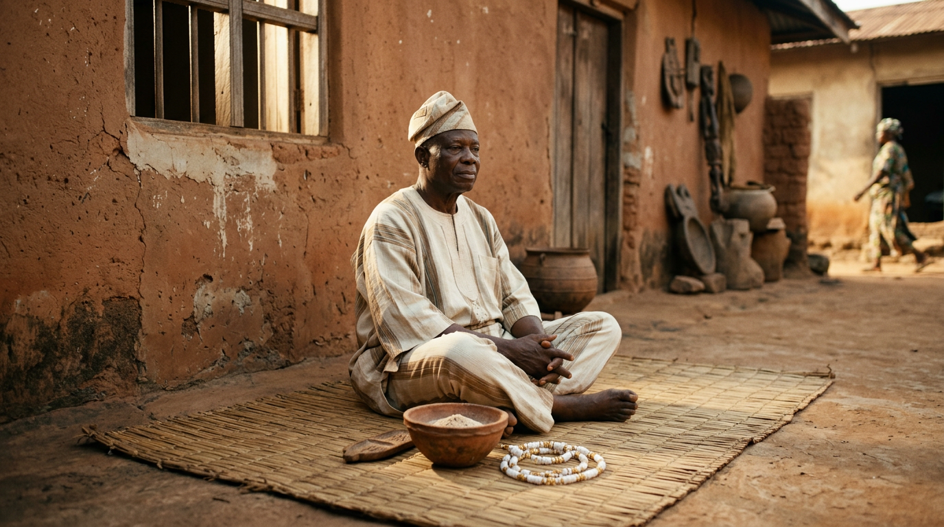 Figure seated in stillness beside a clay bowl of iyerosun powder and beaded necklace in morning light.
