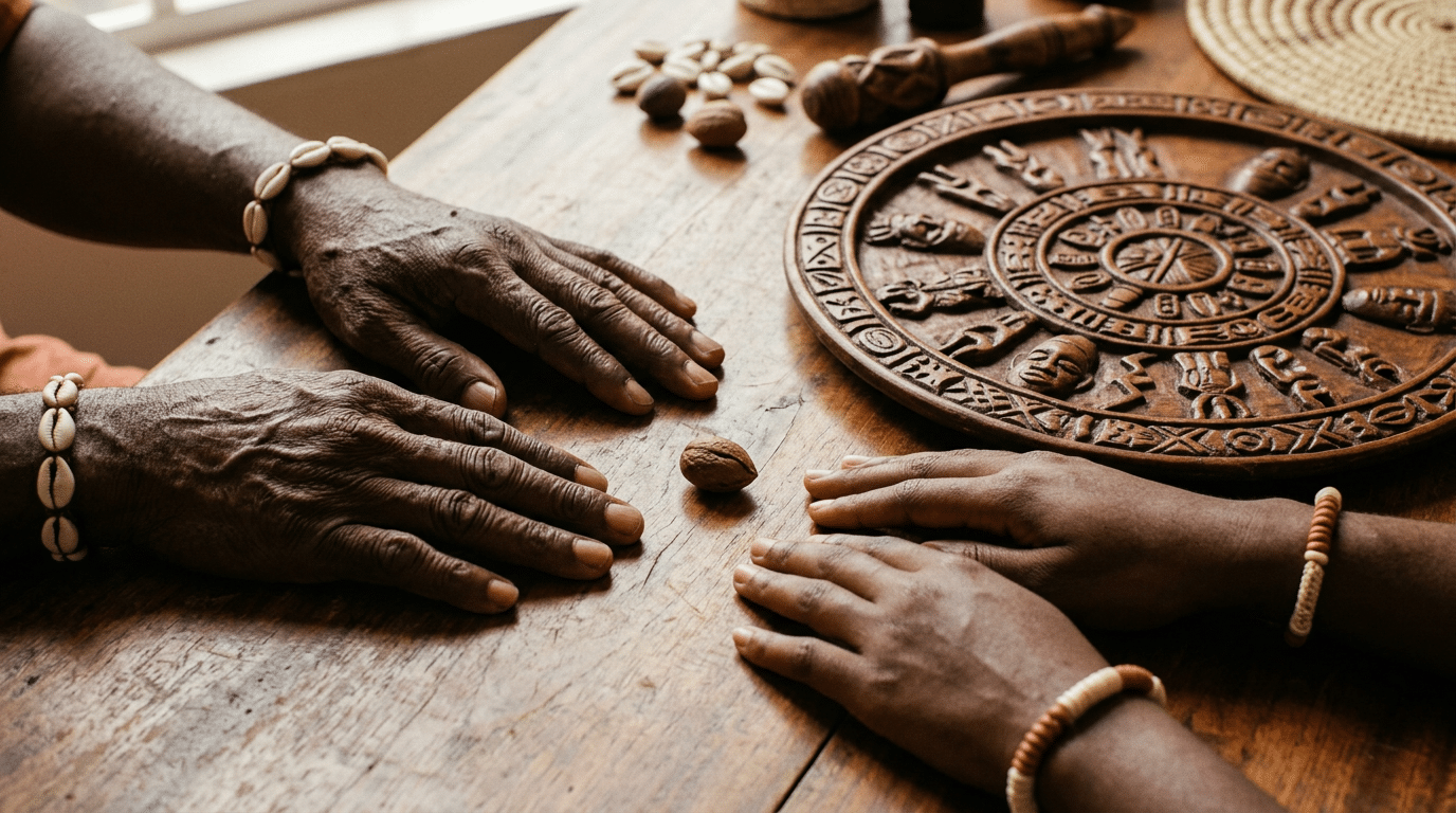 An elder's hand and a younger hand resting near an Opon Ifá tray with a single ikin palm nut between them.
