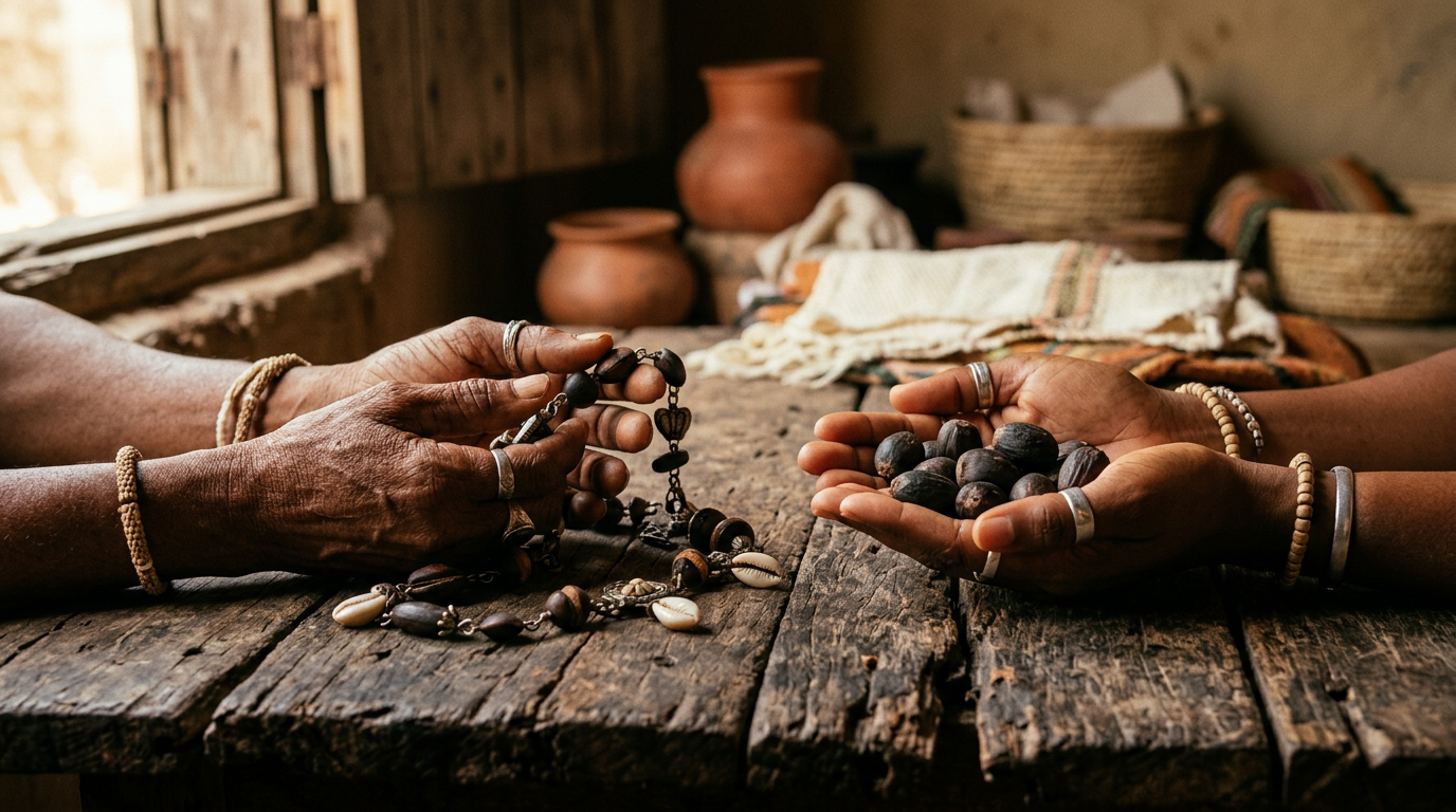 Two pairs of hands, one holding an Opele chain and one cupping ikin palm nuts, on aged wood.
