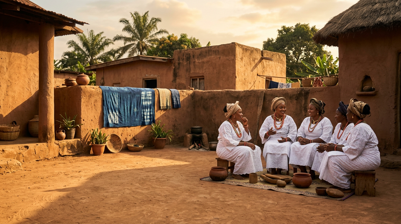 Women in white wrappers and beaded necklaces gathered in a sunlit Yoruba courtyard at golden hour.