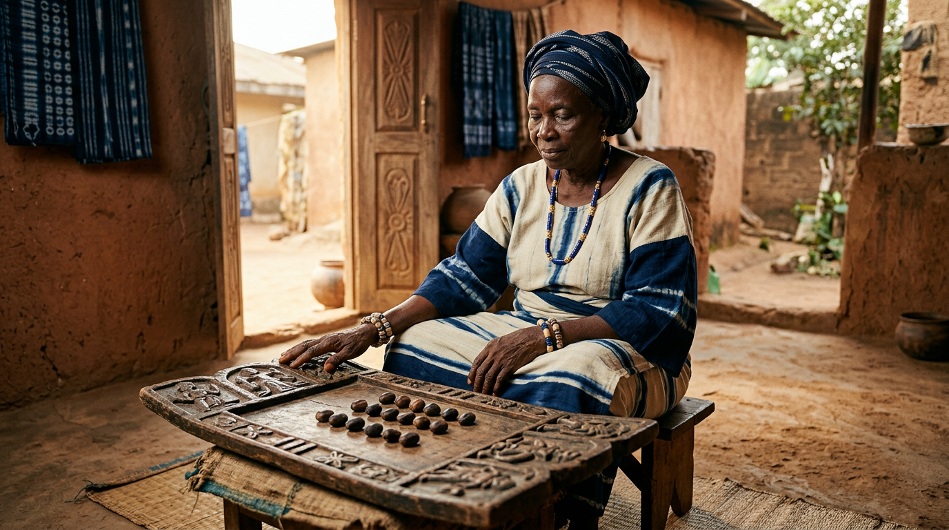 Woman seated before a carved Opon Ifá tray with ikin palm nuts arranged on its surface.