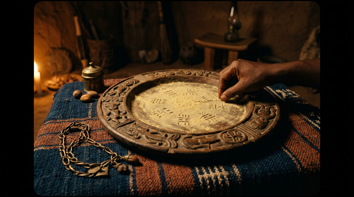 Carved Opon Ifá tray with iyerosun powder markings and a coiled bronze Opele chain on woven cloth.