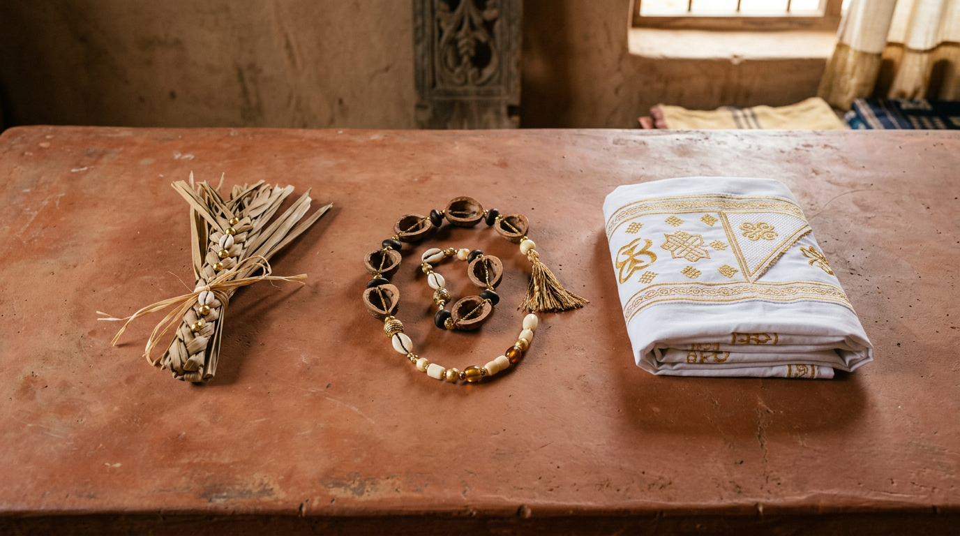Three Ifá ritual objects — palm fronds, an Opele chain, and folded white cloth — arranged in sequence on terracotta.
