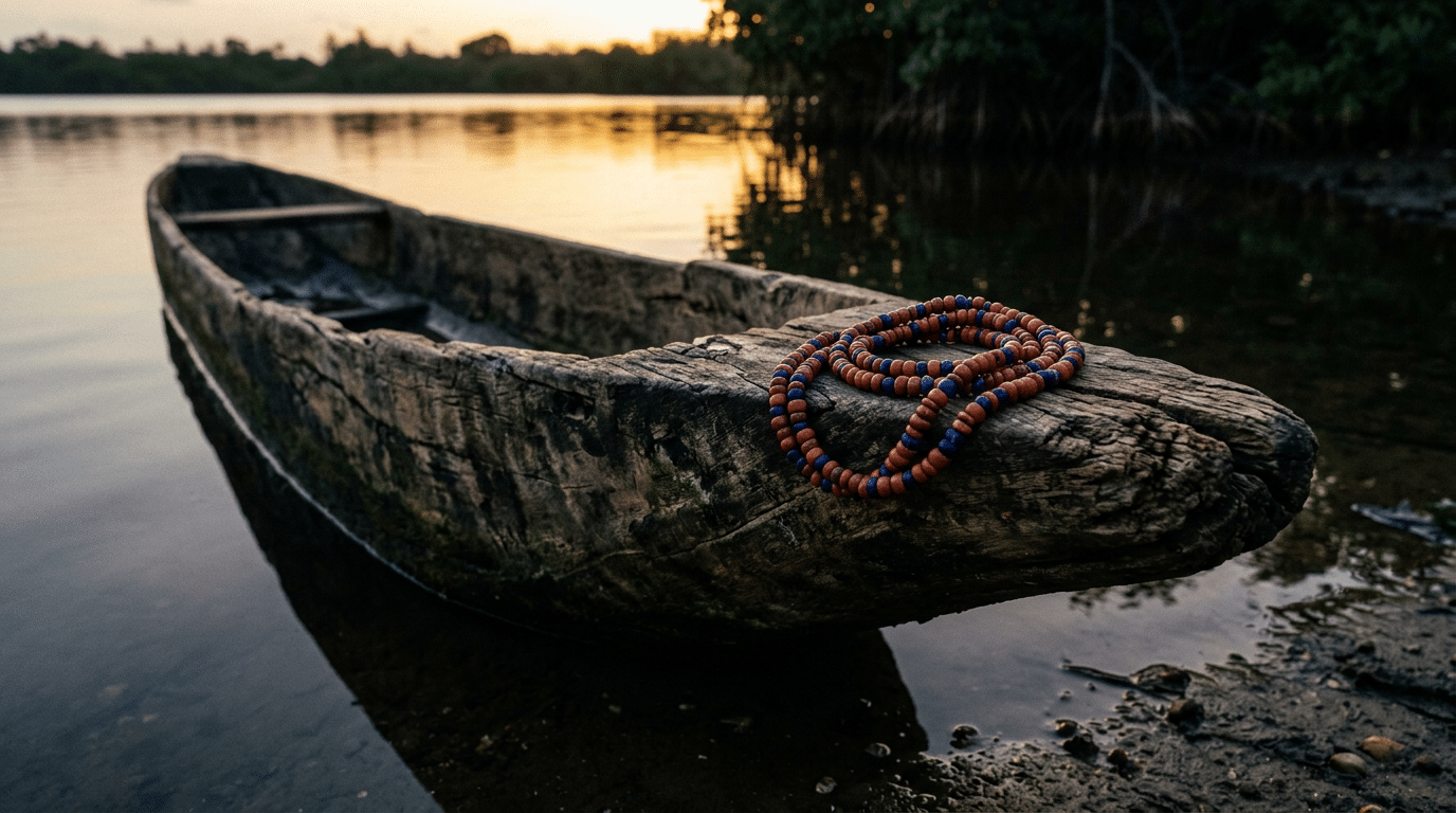 A weathered wooden canoe bow with a coiled beaded necklace in terracotta and indigo, reflected in still water.