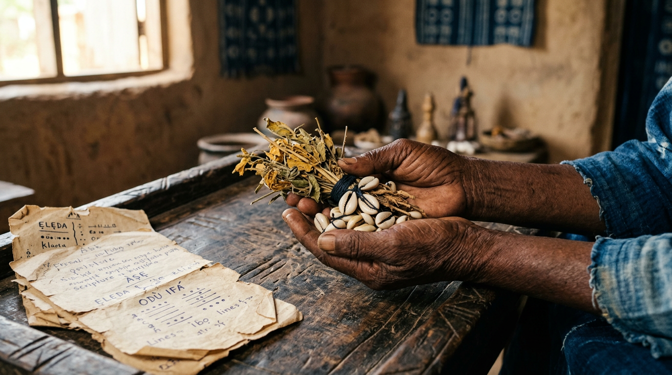 Elder's hands holding dried herbs and cowrie shells beside aged handwritten liturgical notes.