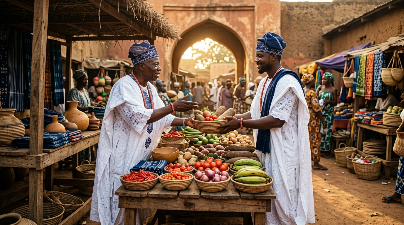 Two figures in agbada exchanging goods at a sunlit Yoruba marketplace courtyard.