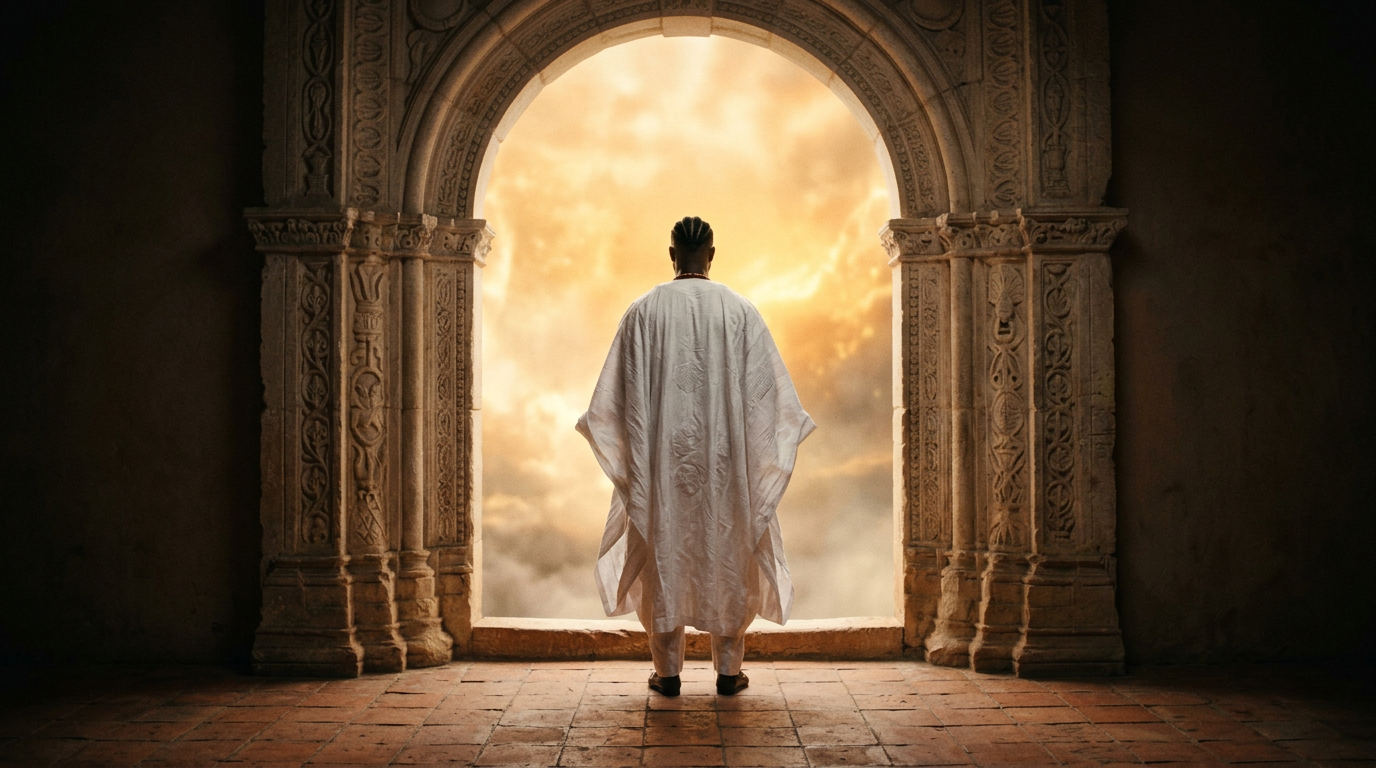 Figure in white agbada standing at a sandstone archway with golden light beyond, viewed from behind.