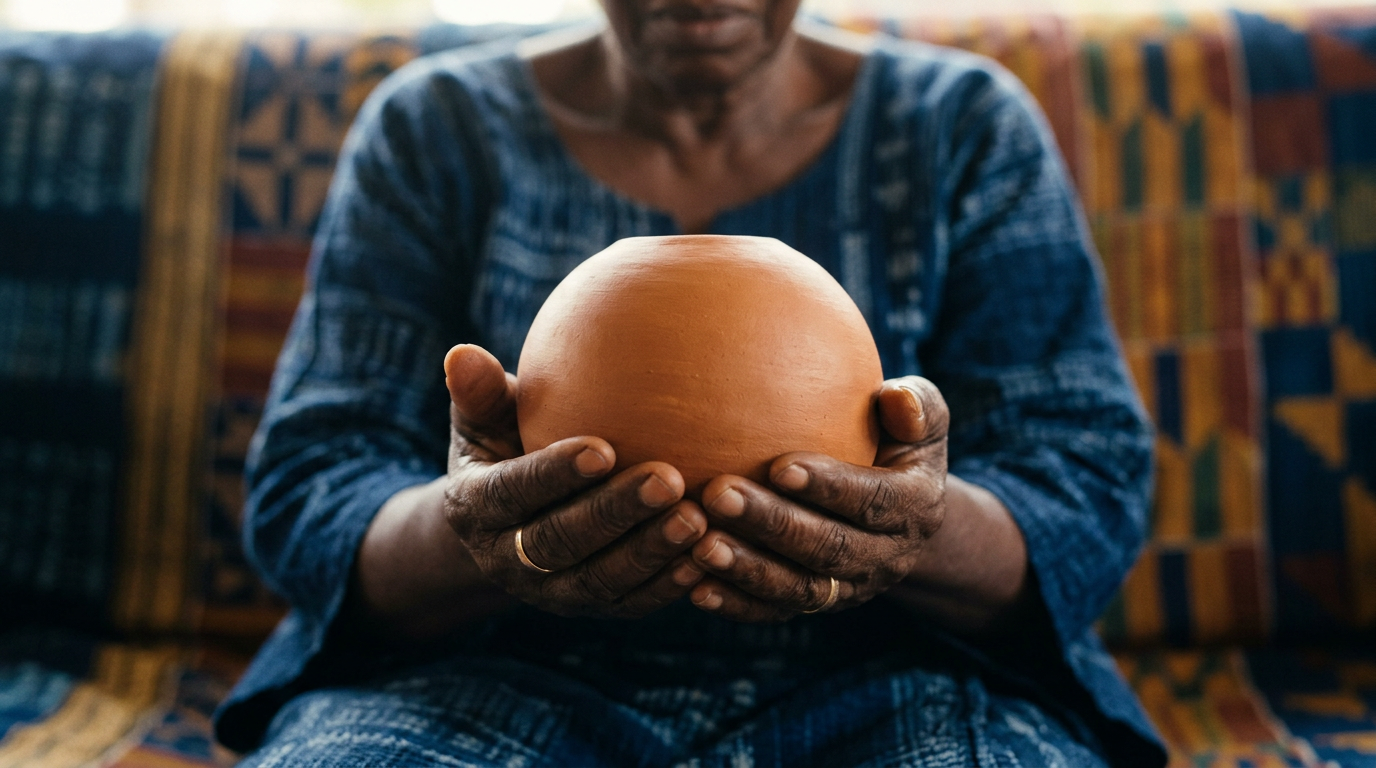 Cupped hands holding a smooth clay sphere against a blurred indigo and gold woven cloth background.