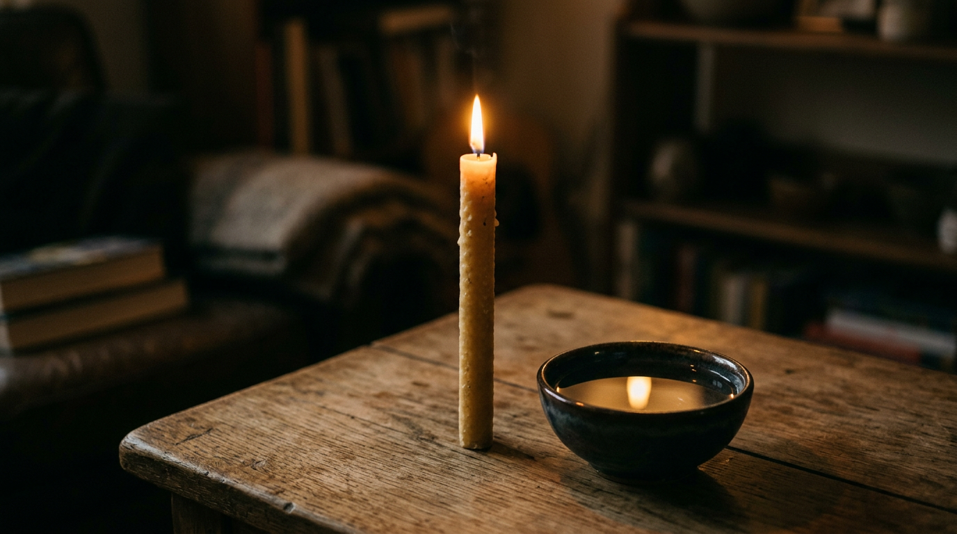 Beeswax candle flame reflected in a small bowl of still water on a wooden surface.
