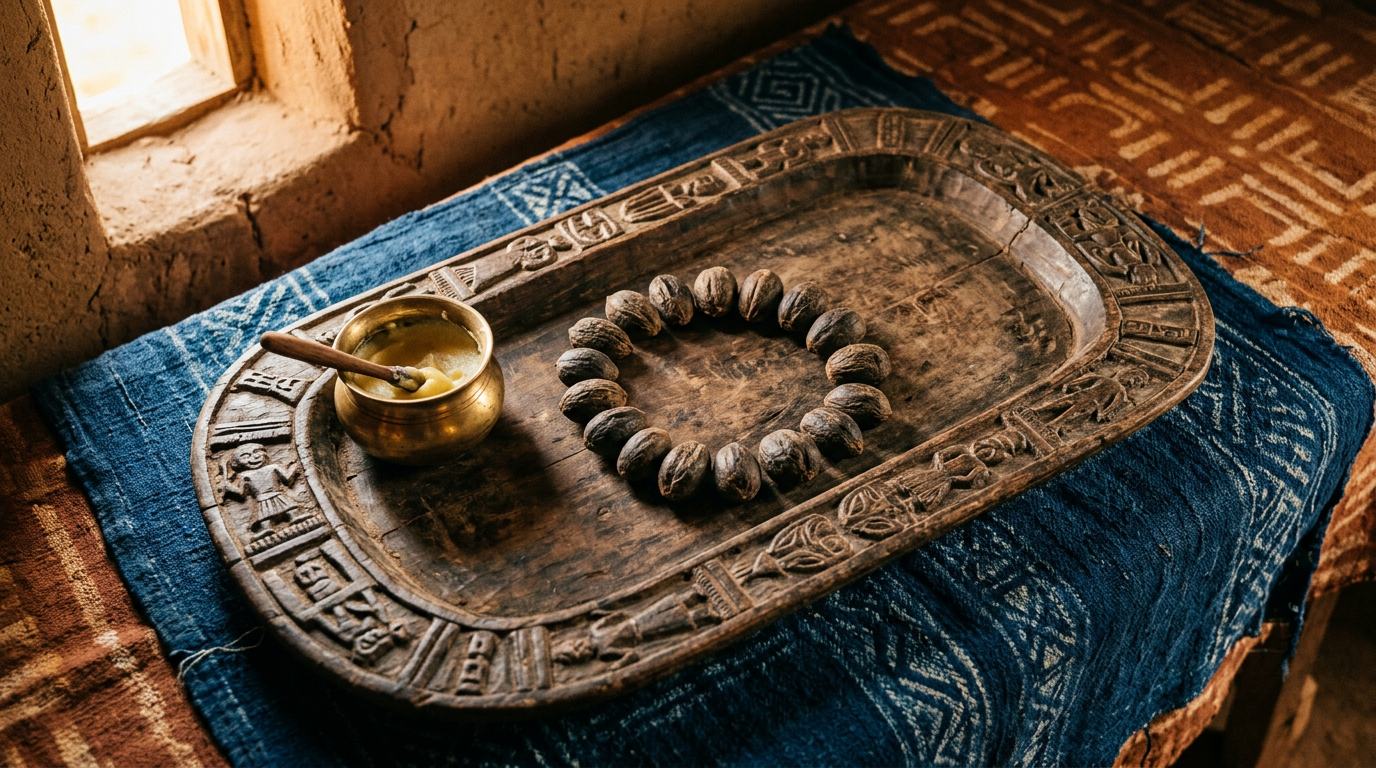 Opon Ifá tray with ikin palm nuts arranged on indigo cloth beside a small brass vessel.