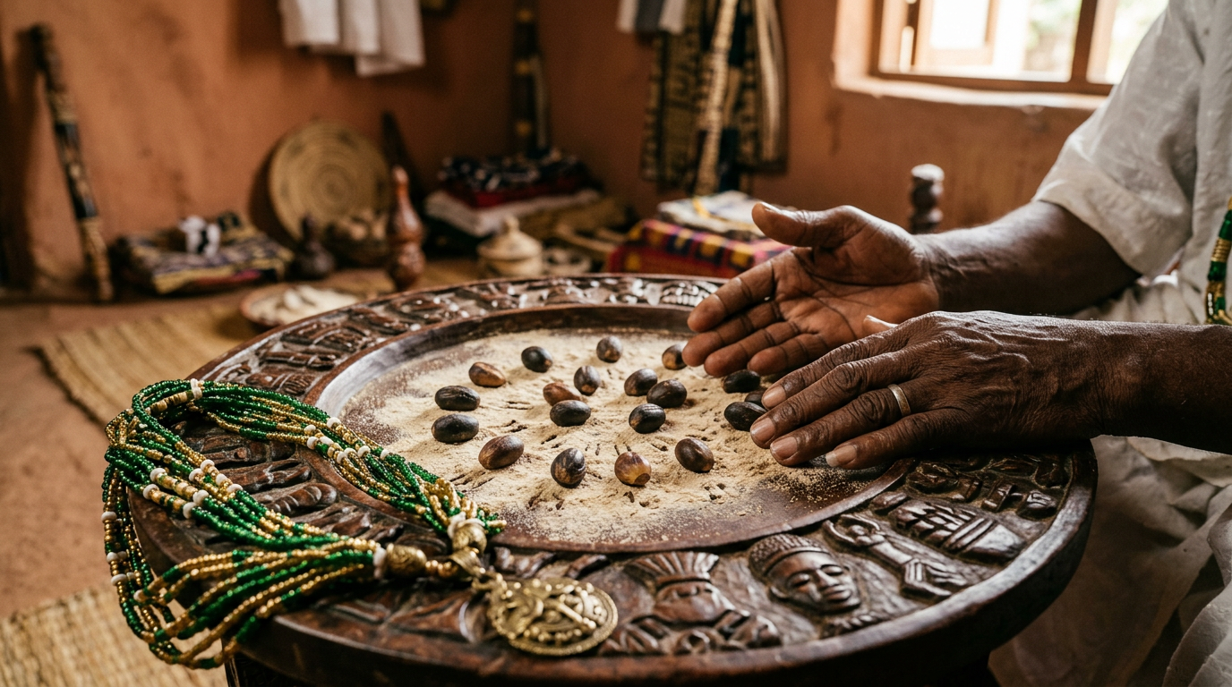 Babáláwo's hands resting on an iyerosun-dusted Ọpọ́n Ifá tray with a beaded Ileke necklace.