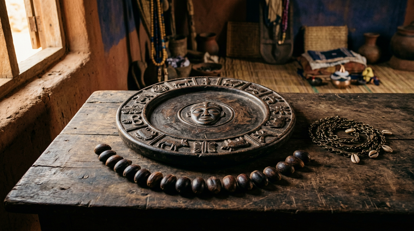 Carved Ọpọ́n Ifá tray with ikin palm nuts and a coiled Ọ̀pẹ̀lẹ̀ divining chain on a wooden surface.