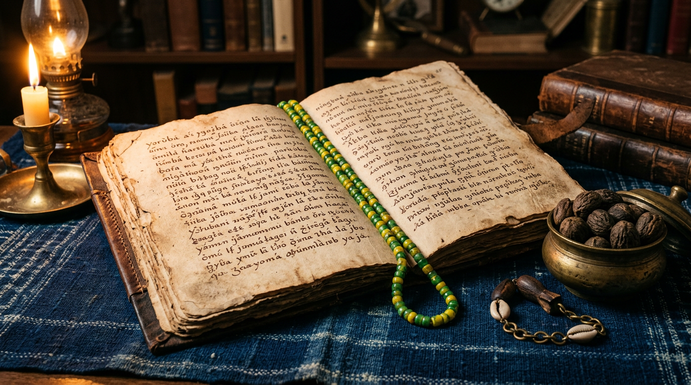 Open Yorùbá manuscript on indigo cloth beside Ileke Ifá beads, a brass vessel, and ikin palm nuts.
