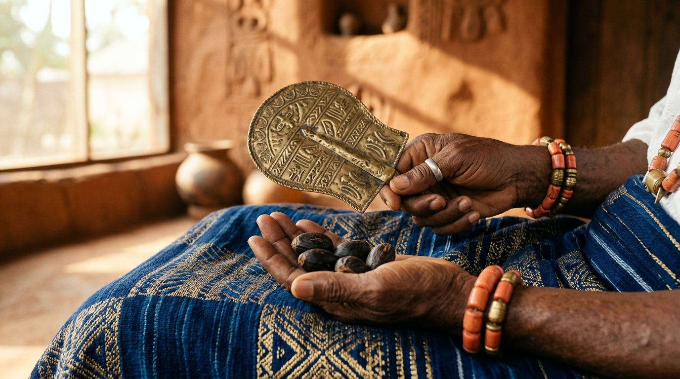 Hands holding a brass fan and ikin palm nuts on indigo Yorùbá woven cloth.