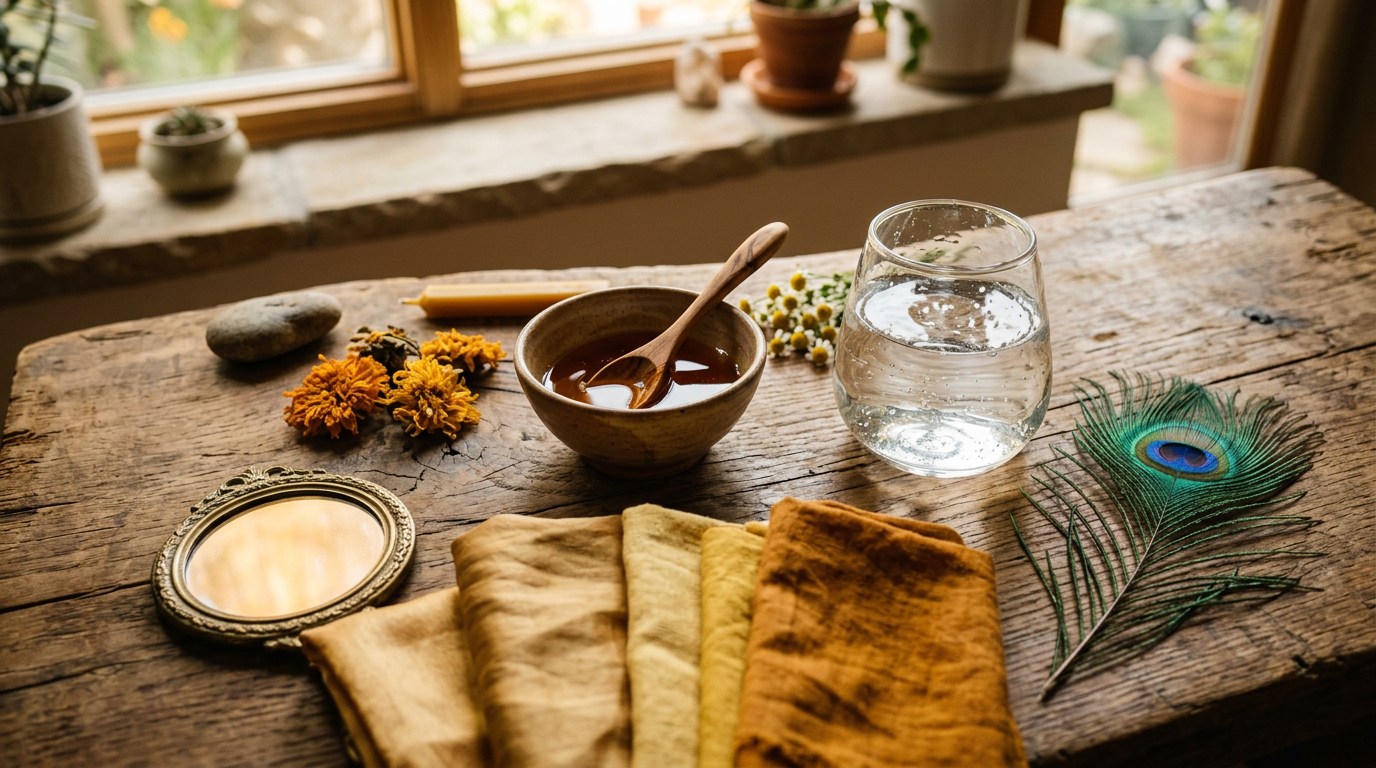 Devotional altar with honey, river water, brass mirror, and yellow fabric arranged on wood.