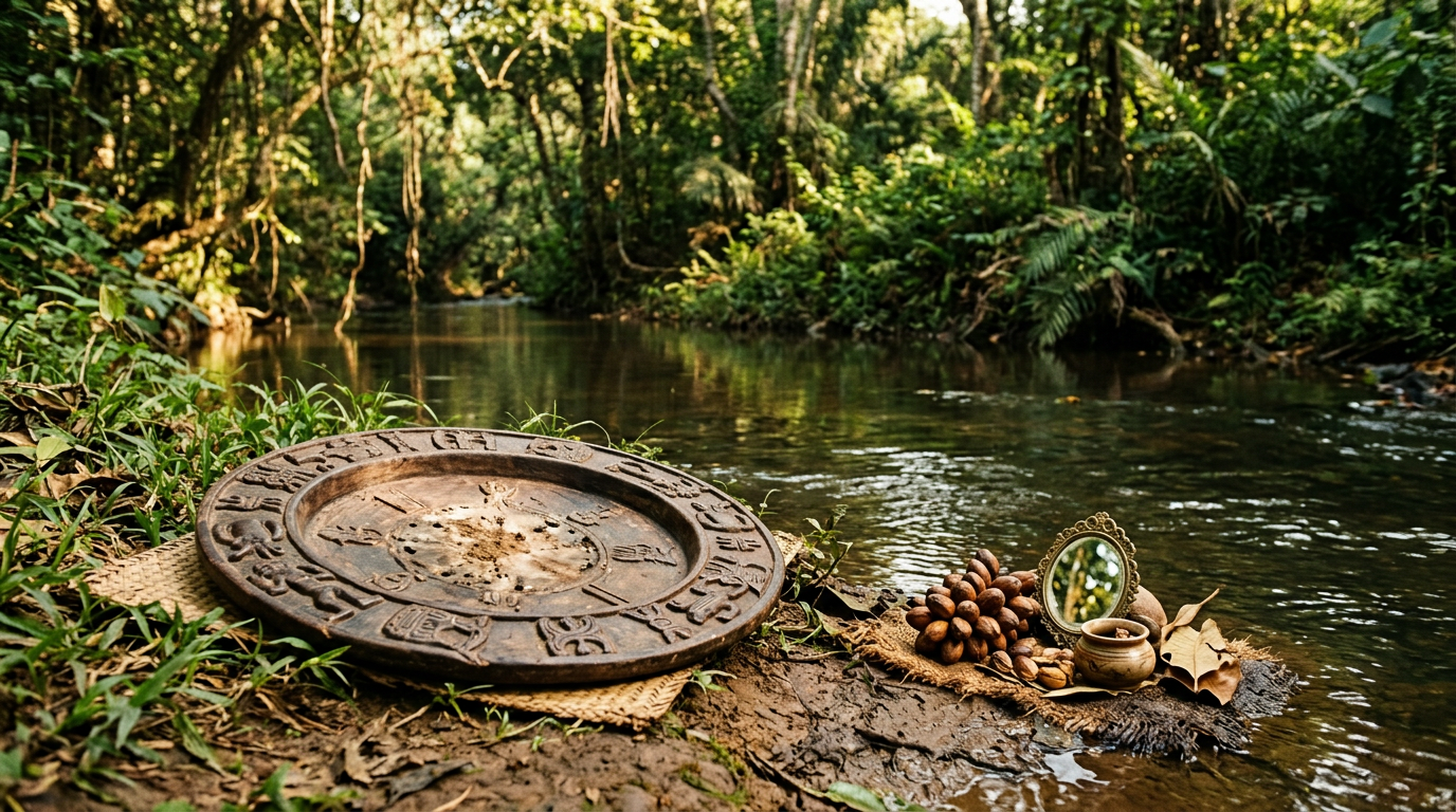 Opon Ifá tray and brass mirror placed as offerings at the edge of a slow-moving river.