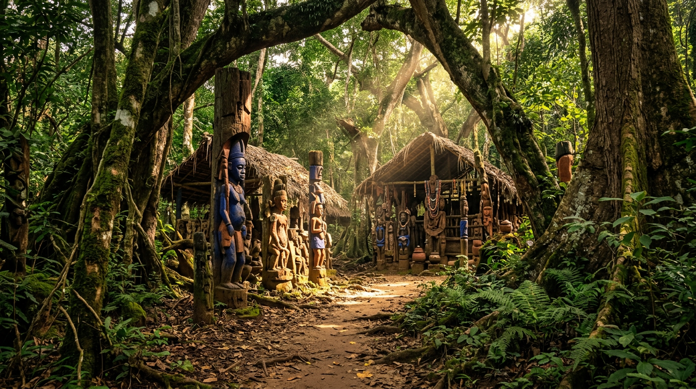 Forest path through a sacred grove leading toward carved wooden shrines in dappled light.