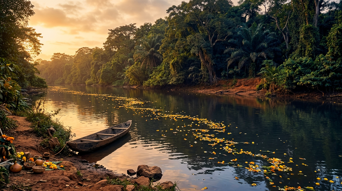 Yellow flowers floating as offerings on a calm freshwater river at golden hour.