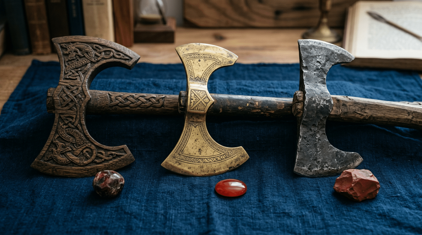 Three regional double-headed axe objects in wood, brass, and iron displayed side by side on indigo cloth.