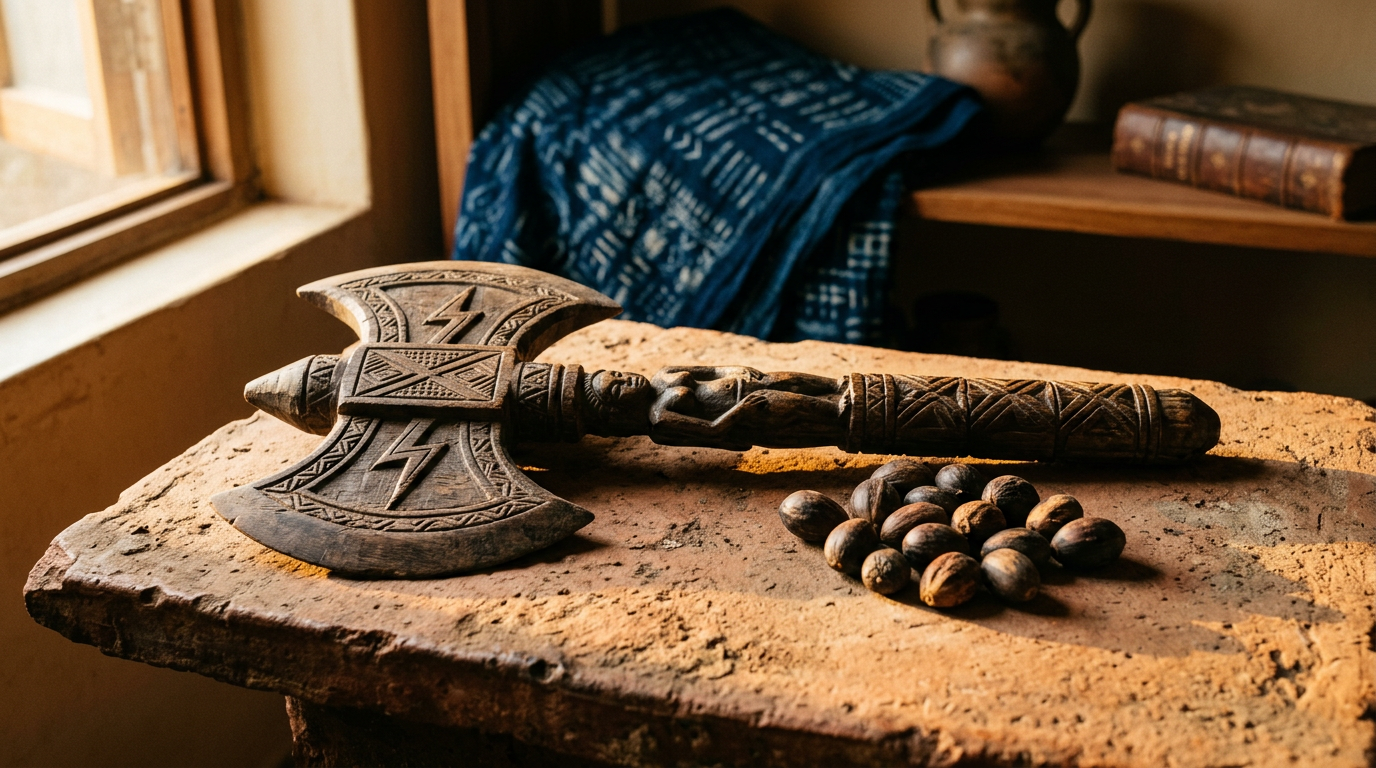 Carved wooden double-headed axe and ikin palm nuts on a terracotta surface with indigo cloth.
