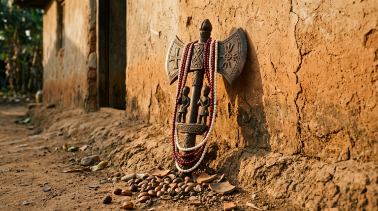 Carved wooden double-headed axe draped with red and white beads against a clay wall.