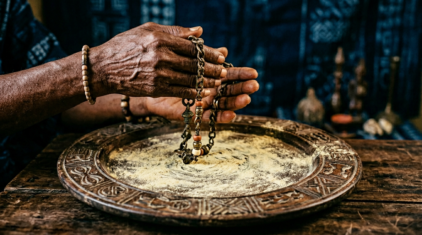 Weathered hands holding a bronze divining chain above an Opon Ifá tray dusted with iyerosun powder.