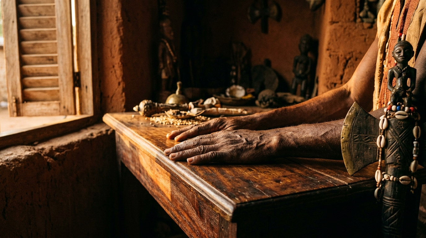 Two hands pressed flat on a wooden shrine surface beside a small carved axe in solemn oath posture.