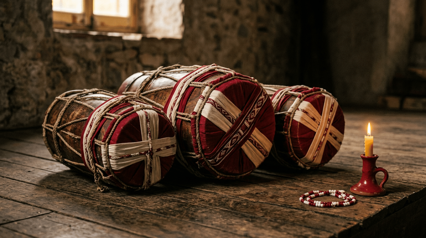 Two batá drums with red and white cloth heads beside a beaded necklace on a wooden floor.