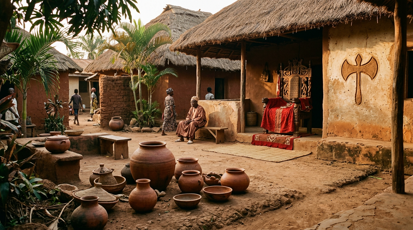 Yorùbá compound courtyard with red-draped wooden throne and double-headed axe etched in clay wall.