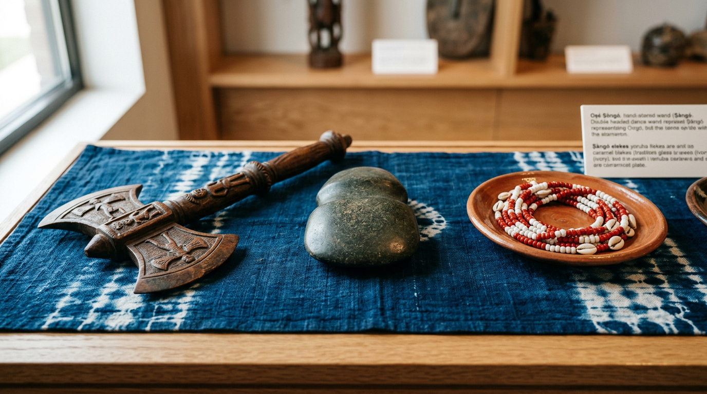 Double-headed wooden axe, polished stone celt, and red and white beads arranged on indigo cloth.
