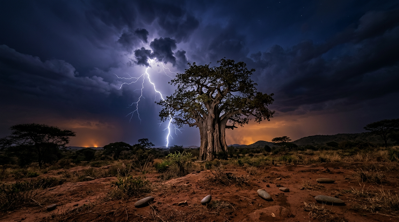 Lightning bolt striking a baobab tree over a red-earth savanna landscape at night.