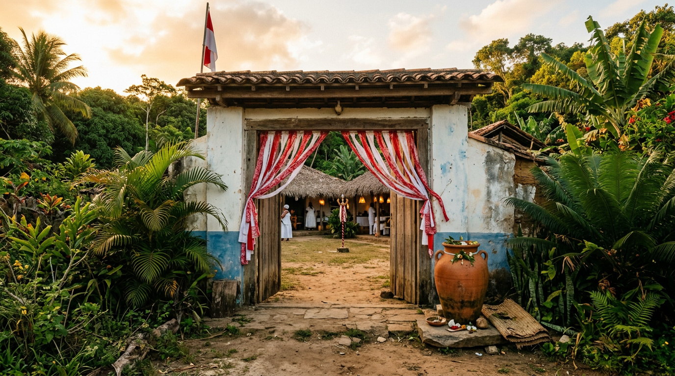 Traditional Brazilian terreiro doorway hung with red and white cloth strips beside a terracotta urn.