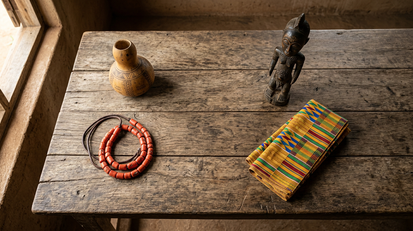 Assorted West African ritual objects arranged on a weathered wooden surface in soft daylight.