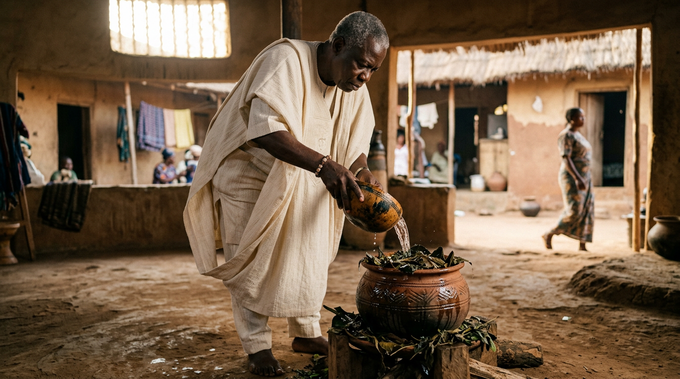 Practitioner in white agbada pouring water from a gourd over ritual leaves in a clay vessel.