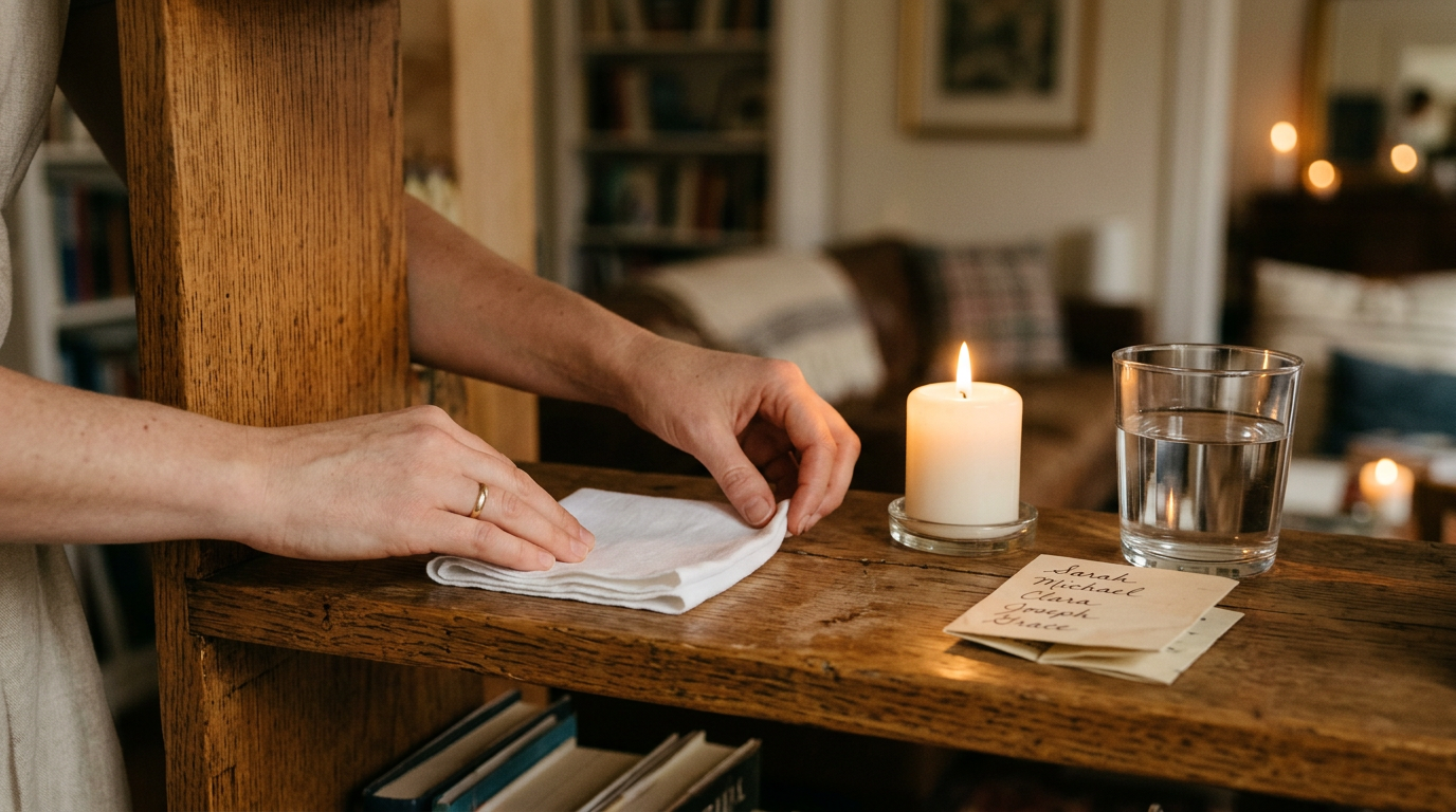 Hands arranging a glass of water and white candle on a cloth-covered shelf beside handwritten ancestor names.