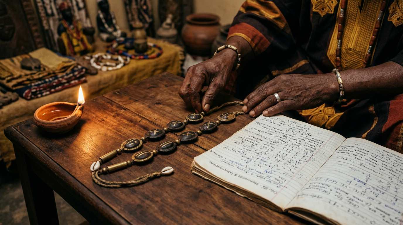 Opele divining chain arranged on wooden surface beside a handwritten notebook with a clay oil lamp.