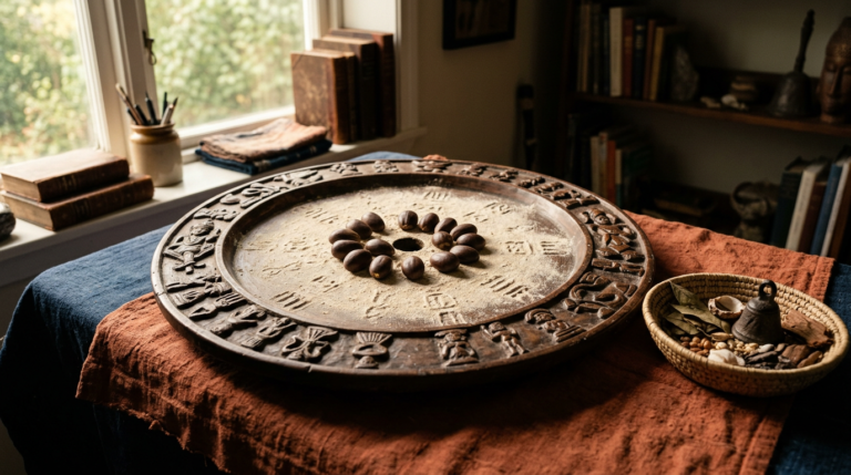 Opon Ifá divination tray with ikin palm nuts and a basket of ritual ingredients on terracotta cloth.