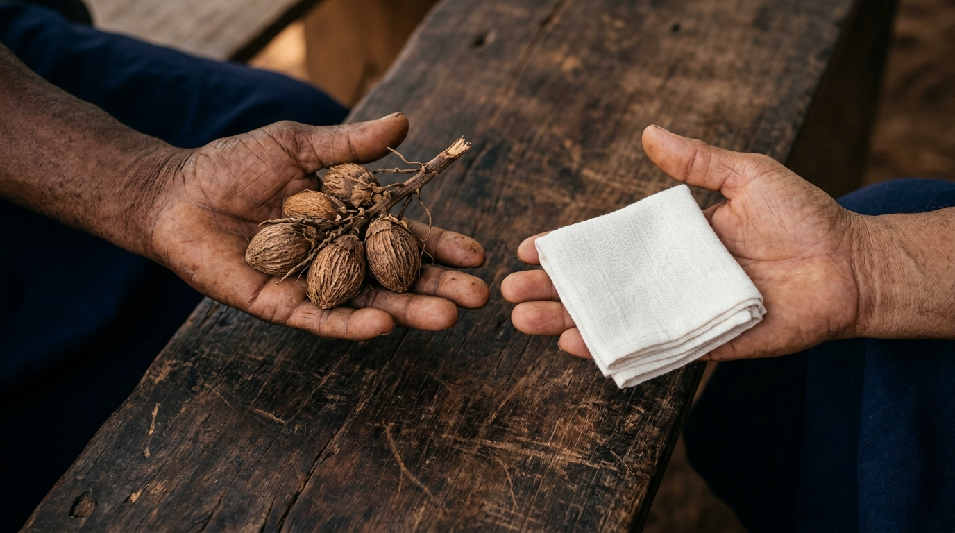 Two hands holding ikin palm nuts and white cloth over a wooden surface in an offering gesture.