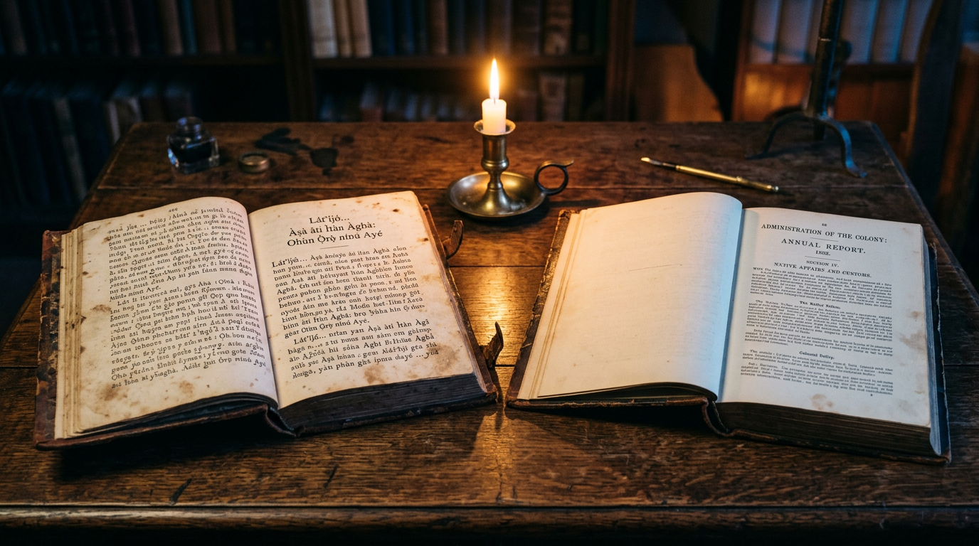 Two open books side by side on a wooden desk, one with Yoruba handwriting and one with printed English text.