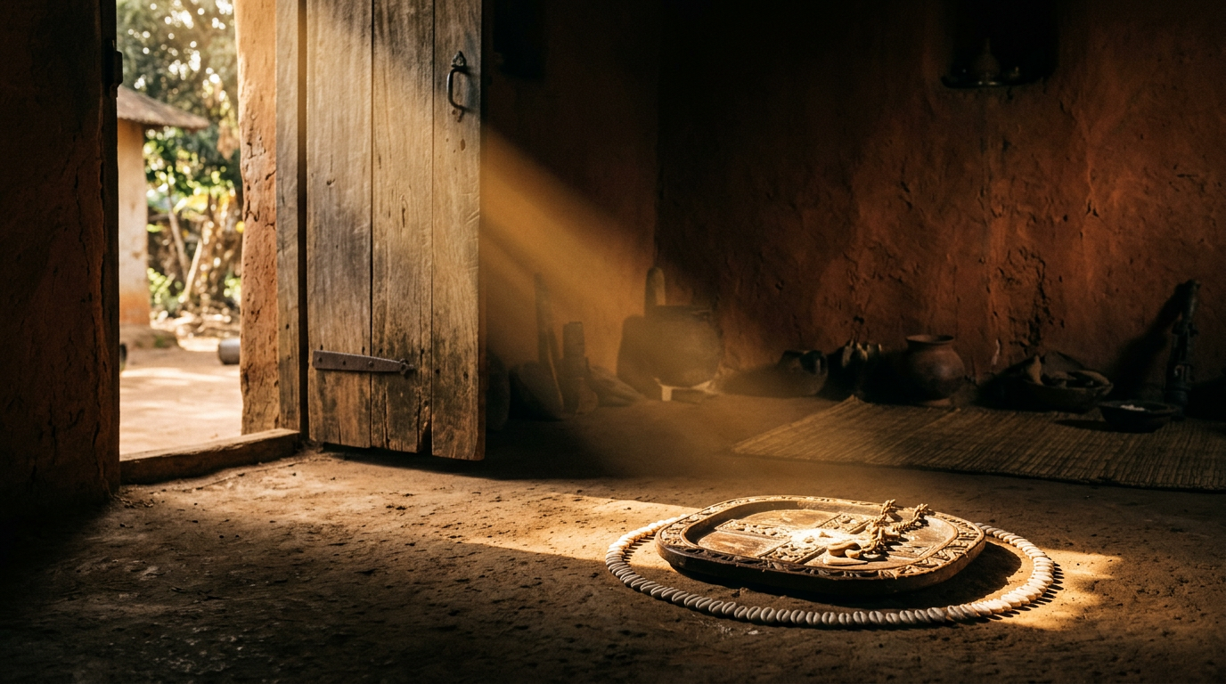 Shaft of golden light through a wooden door illuminating an Opon Ifá tray encircled by white cowrie shells.