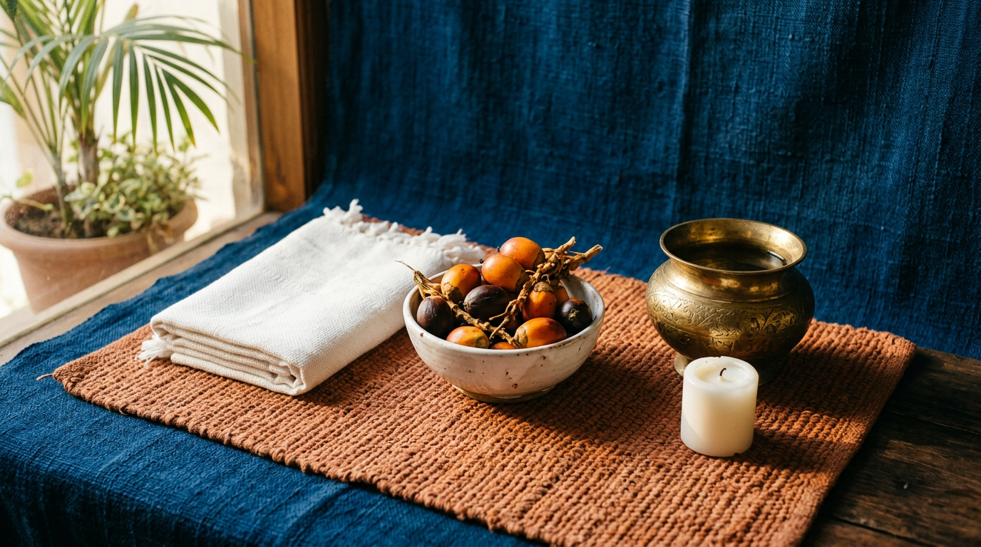 Ritual offering arrangement with palm fruits, white cloth, and brass vessel on a terracotta mat.